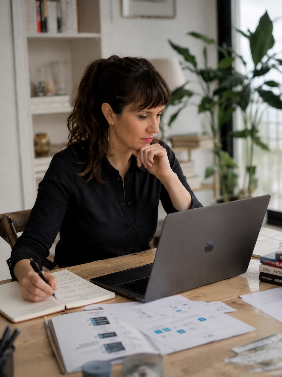 Cinzia Ruggeri writing notes while reviewing work on her laptop.