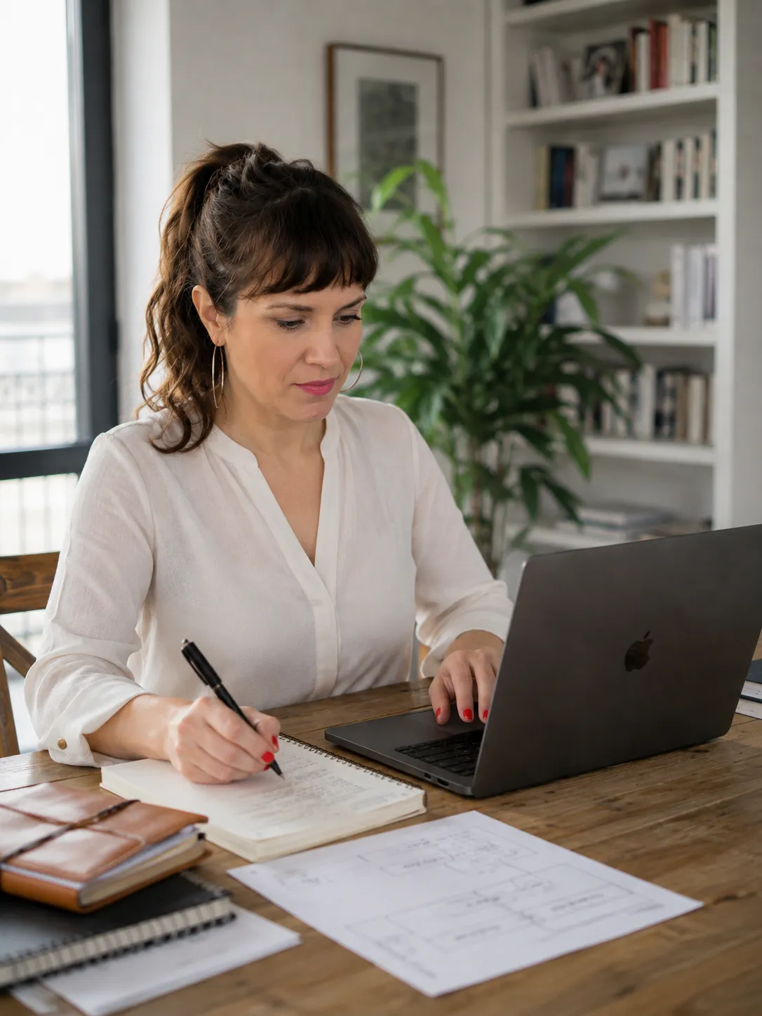 Cinzia Ruggeri writing in a notebook beside her laptop.